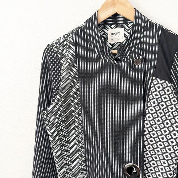 SMASH! | Black White Jacket Coat Mixed Print Patchwork Tie Grommet Long | Small - Picture 2 of 9